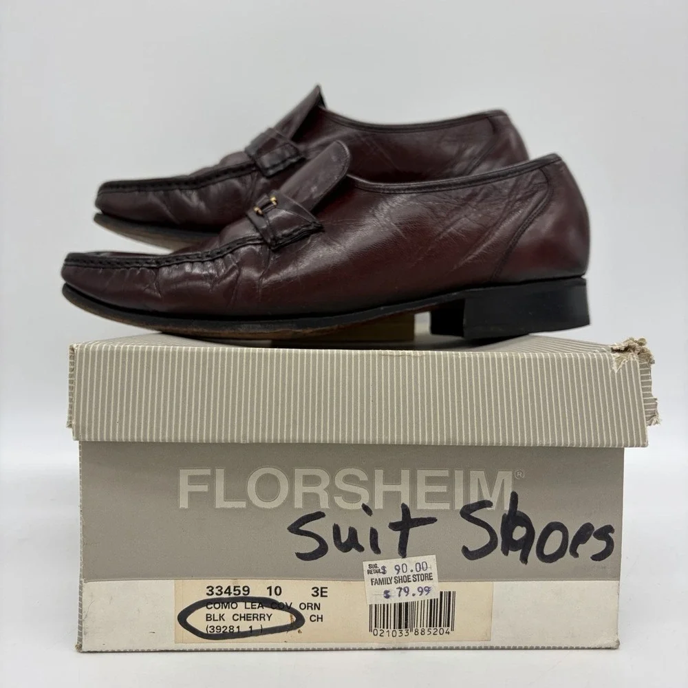 Vtg Florsheim Mens 10 3E EEE Loafers Dress Shoes Burgundy Leather Slip On Buckle